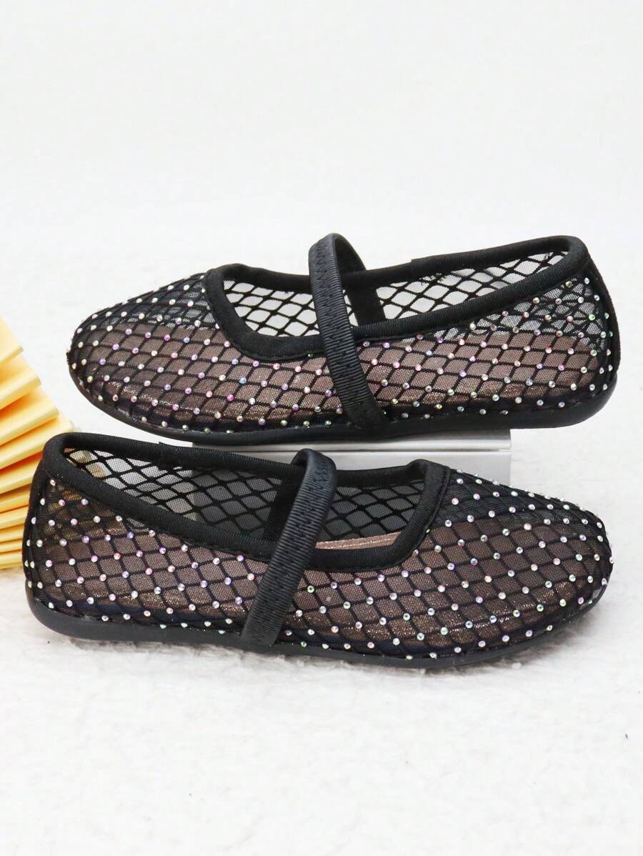 Tela De Malla Transpirable Negra, Con Patrón De Diamantes De Imitación Y Correa Elástica Aleatoria, Punta Redonda, Zapatos Planos Cómodos, Versátiles E Informales Para Niñas