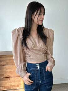 DAZY Women's Cropped Shirt With Ruched Puff Sleeves,Fall Clothes Long Sleeve Top - Apricot - View 6