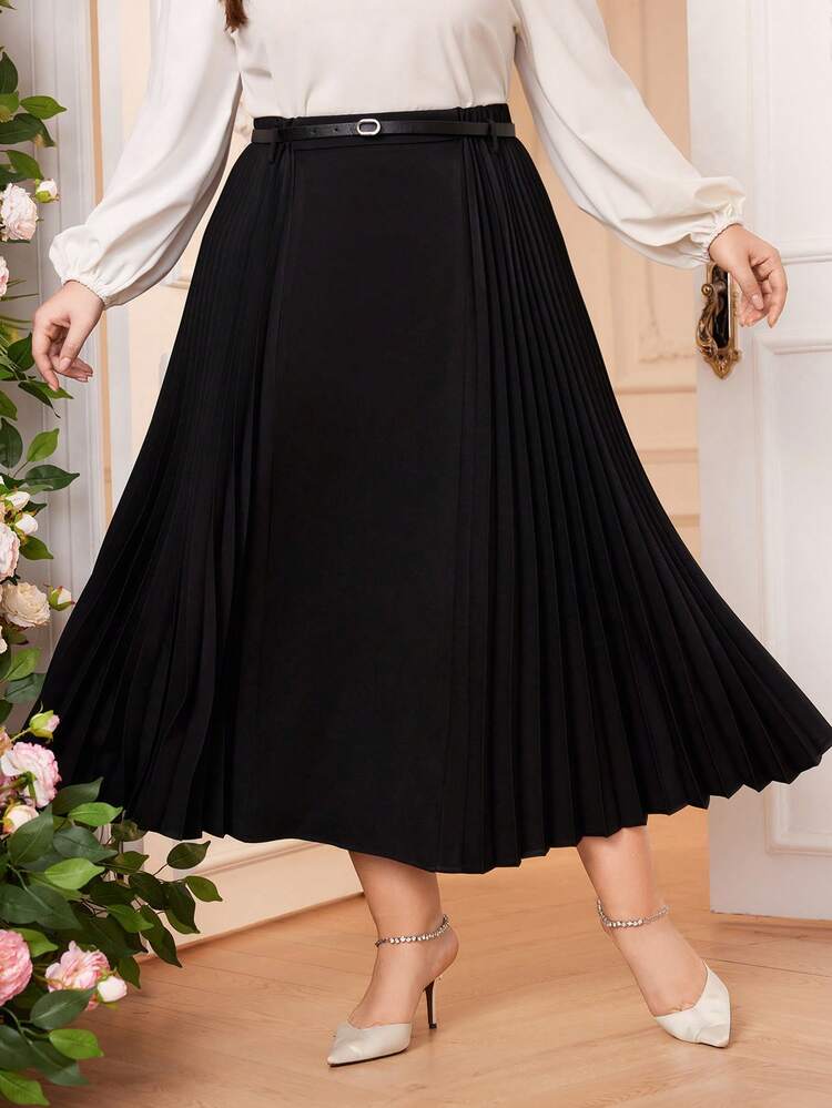 Plus Size Solid Color Pleated Skirt