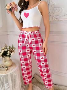 女性愛心印花吊帶背心+格紋褲子睡衣套裝 - 玫紅色 - 查看 6