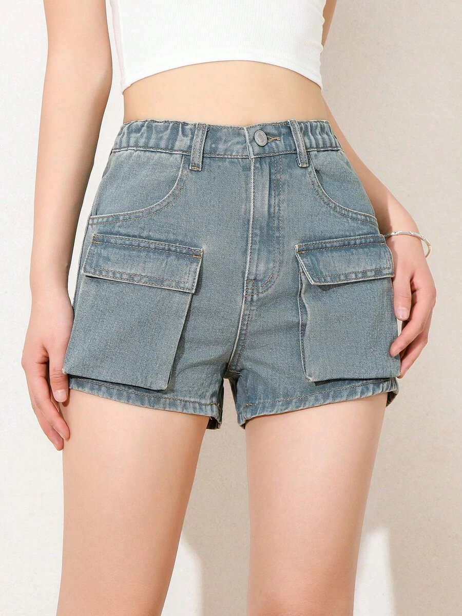 Teen Girl's Denim Shorts With Large Cargo Pockets - Medium Wash - View 1