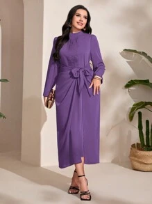 Modelyn Plus Size Women's Stand Collar Puff Long Sleeve Dress - Purple - View 1
