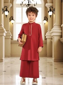 SHEIN 年輕男孩色塊裝飾上衣和彈性腰部褲子套裝 - 酒紅色 - 查看 6