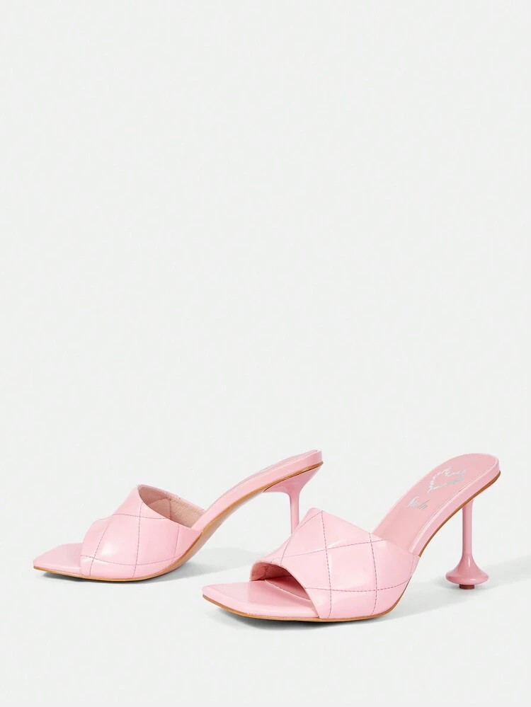 Ladies' Pink Pu Mules With Embroidered Check Pattern Decoration, Square Toe High Heels