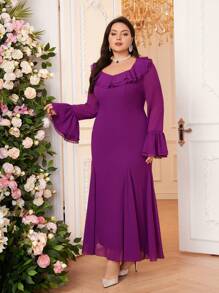 Modelyn Plus Size Women's Arab Garment With Patchwork & Ruffle Trim Flare Sleeves Long Evening Dresses - Red - View 4