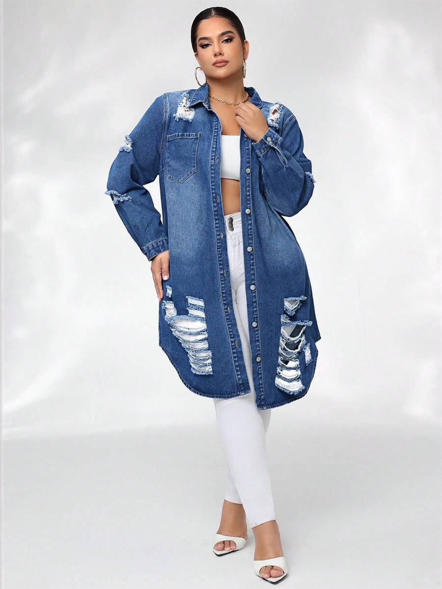 Kích thước lớn Của phụ nữ Tay áo dài Đau khổ Áo khoác denim - Rửa trung bình - Xem 1