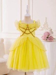 SHEIN Glamorique Kids Vestido de princesa amarillo hinchado de tul floral con connotaciones festivas para niña en cumpleaños, bodas, presentaciones o feriados, y como vestido formal elegante