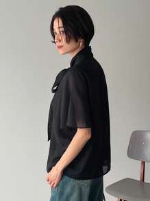 FRIFUL Women's Tie Front Short Sleeve Shirt Work Women Clothes - Black - View 5