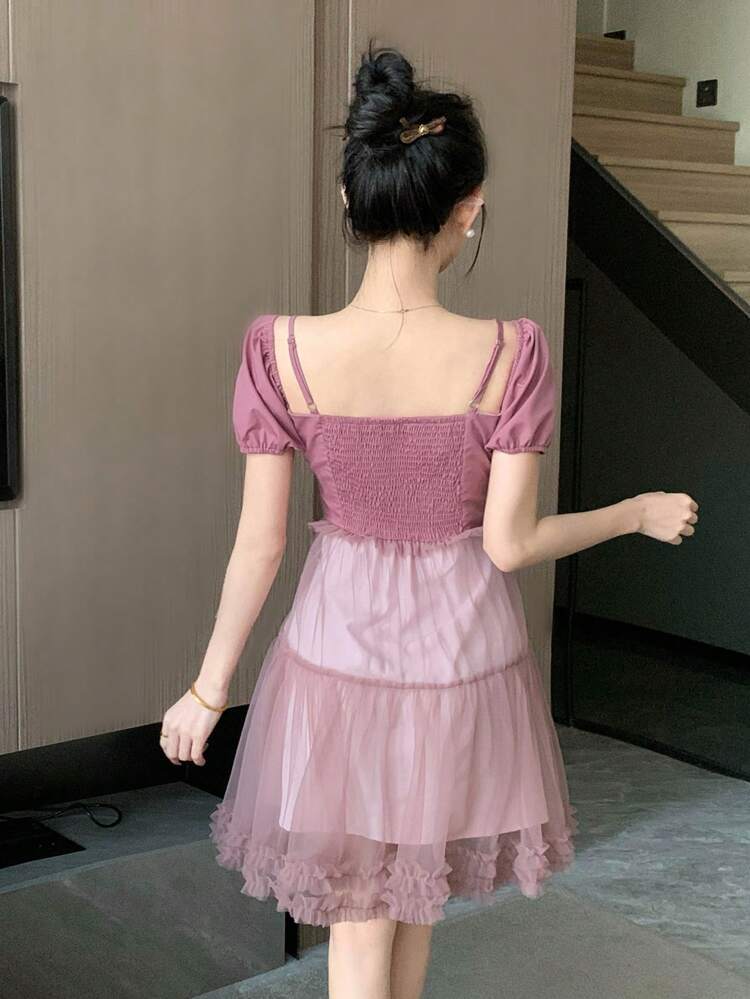 Women's Mesh Puff Sleeve Dress With Ruffle Detail, Birthday Prom Dress Sundress Elegant Women Dresses