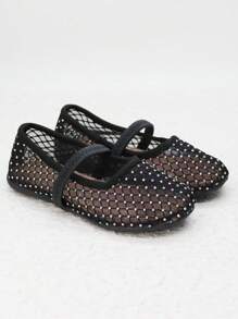 Tela De Malla Transpirable Negra, Con Patrón De Diamantes De Imitación Y Correa Elástica Aleatoria, Punta Redonda, Zapatos Planos Cómodos, Versátiles E Informales Para Niñas