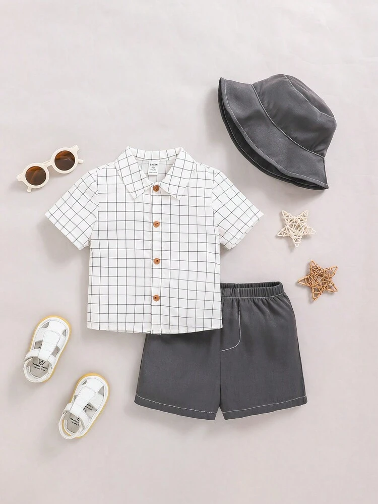 Baby Boy Casual Summer Plaid Short Sleeve Shirt & Denim Shorts & Hat Outfit Set