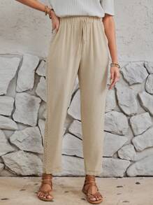 EMERY ROSE Lange Hose Für Frauen Mit Schnürung An Der Taille Und Spitzeneinsatz An Der Seitenschnalle - Khaki - Übersicht 4