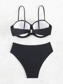 SHEIN Swim 性感比基尼套装上衣和纯色比基尼套装下装，带水钻和流苏细节，两件套比基尼套装，泳装泳衣海滩装音乐节暑假，夏日海滩 - 黑色 - 查看 7