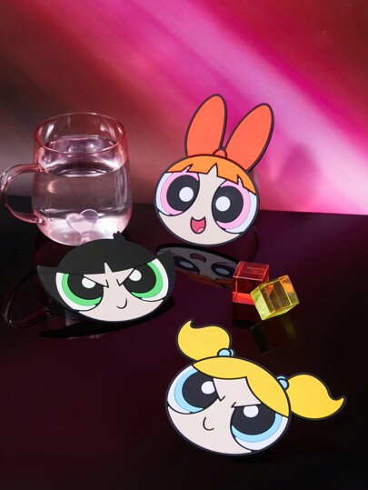 THE POWERPUFF GIRLS X SHEIN 3pcs/Set Cartoon Blossom, Bubbles, Buttercup Pattern Cup Coaster,Desk Decor, Heat Insulation