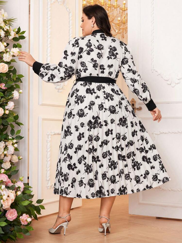 Plus Size Floral Printed Tie Waist Arabian Clothing Long Evening Dresses