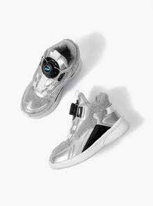 Fashionable And Comfortable Children's Sports Shoes With Rotating Buttons And Added Warmth - Silver - View 6