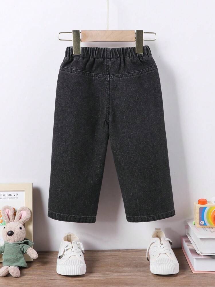 Baby Girl Casual And Comfortable Street-Style Wide Leg Black Jeans With Prints