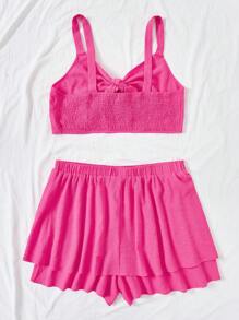 Dreamara Conjunto De Top De Tanque Halter Recortado Con Lazo Y Skort De Cintura Alta De Talla Grande - Rosa Fucsia - Ver 2