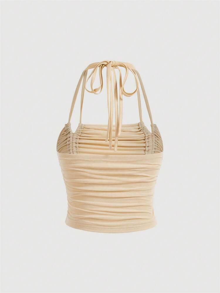Solid Color Halter Neck Pleated Tank Top