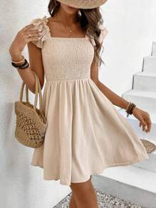 SHEIN Frenchy 女士時尚露肩褶皺荷葉邊袖a字裙 - 杏色 - 查看 6