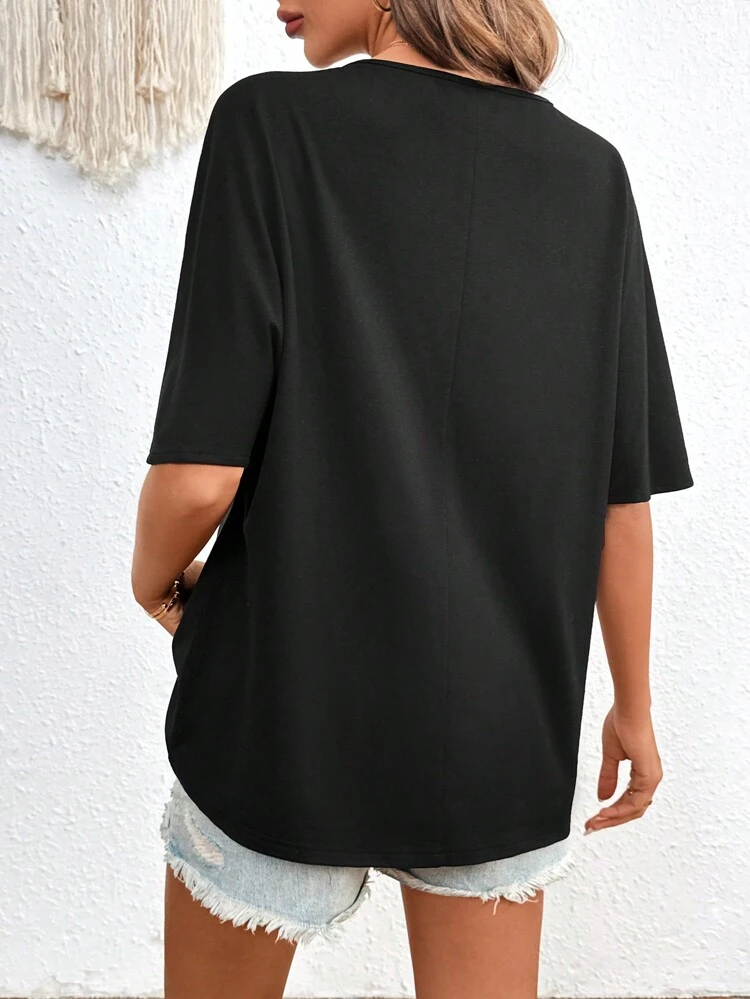 Women's V-Neck Bestselling Embroidered Heart Batwing Sleeve T-Shirt Casual Black