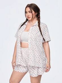 SHEIN Qutie Plus Size Women's Floral Print Short Sleeve Shirt And Shorts Set - Multicolor - View 2