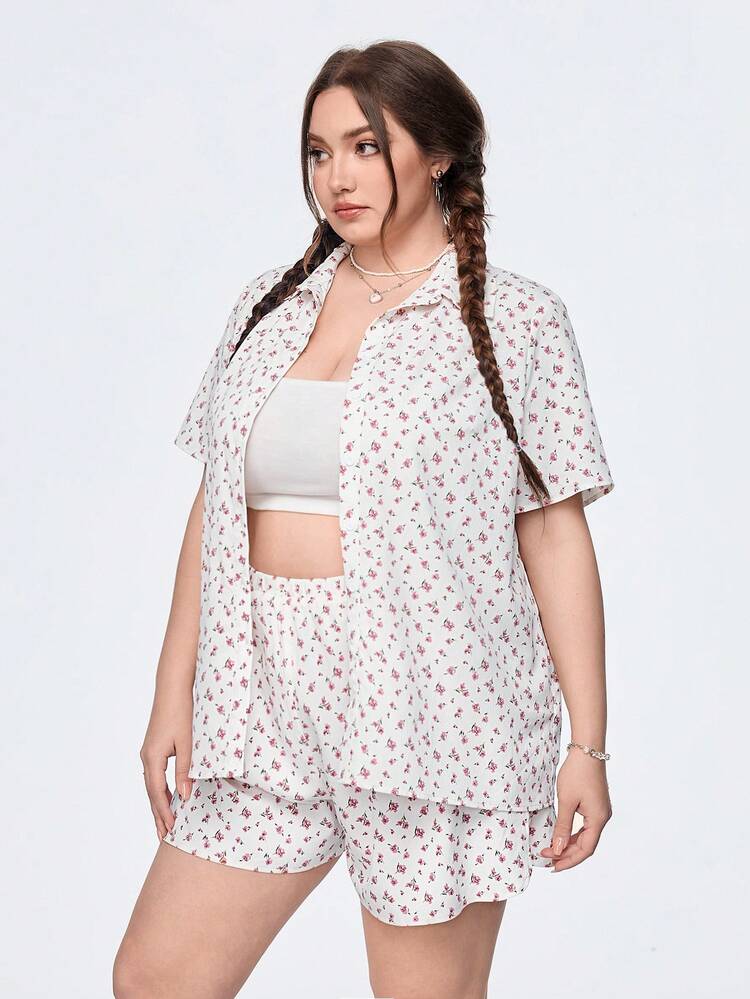 Plus Size Women's Floral Print Short Sleeve Shirt And Shorts Set