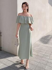 DAZY Vestido de tubo con escote cuadrado, volantes y bajo tipo cola de sirena para mujer - verde menta - Ver 4