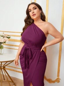 Modelyn Plus Size Solid Color Wrap Dress, Wedding Guest Dress - Red Violet - View 3