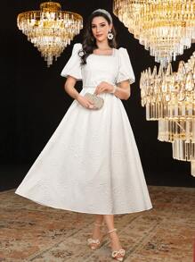 Modelyn Women's Square Neck Short Puff Sleeve Dress - White - View 7