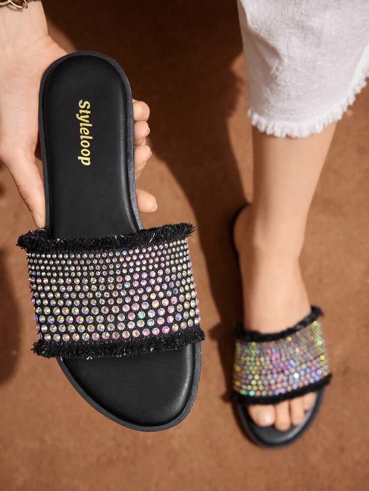 New Arrival Women's Flat Sandals, Fashionable Shoes, Large Size Slippers, Sexy,Ladies' Fashionable Denim Shiny Rhinestone Surface Comfortable Flat Sandals
