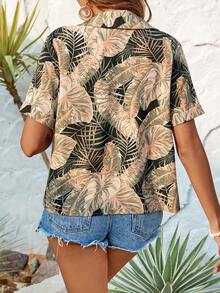 SHEIN VCAY 女性熱帶圖案印花西裝領鈕扣衫 - 黑色 - 查看 2