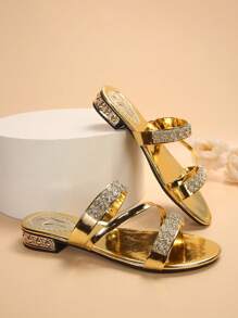 Women's Flat Summer Slippers With Rhinestones And Glitters, Two Wearing Styles Both As Outdoor & Indoor Shoes