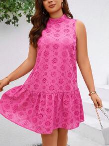 SHEIN Clasi Plus Size Women Embroidered Halter Neck Rose Red Dress With Ruffled Hem - Hot Pink - View 3
