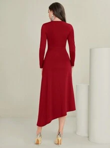 Modelyn 女士優雅純色腰部裝飾長裙 - 紅色 - 查看 2