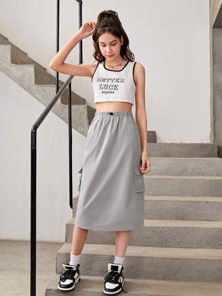 Teen Girl Cool Style Letter Print Tank Top 2pcs/Set