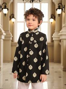 SHEIN Young Boys Graphic Print Stand Collar Single Breasted Jacket - Black - View 3