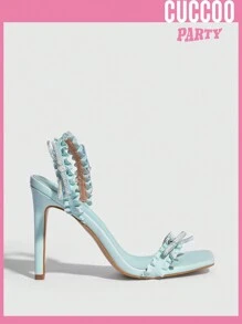 Woman Shoes Fashionable Square Toe Rhinestone Decor Bow Knot High Heel Sandals With Pleated Design Wedding Shoes For Spring And Summer - Baby Blue - View 3