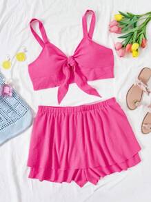 Dreamara Conjunto De Top De Tanque Halter Recortado Con Lazo Y Skort De Cintura Alta De Talla Grande - Rosa Fucsia - Ver 1