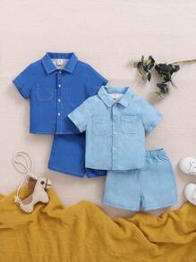 SHEIN Baby Jungen 4-teiliges Set, Lässiger einfacher Stil Jeanseffekt Kurzarm Hemd und Shorts - Verschiedenfarbig - Übersicht 1
