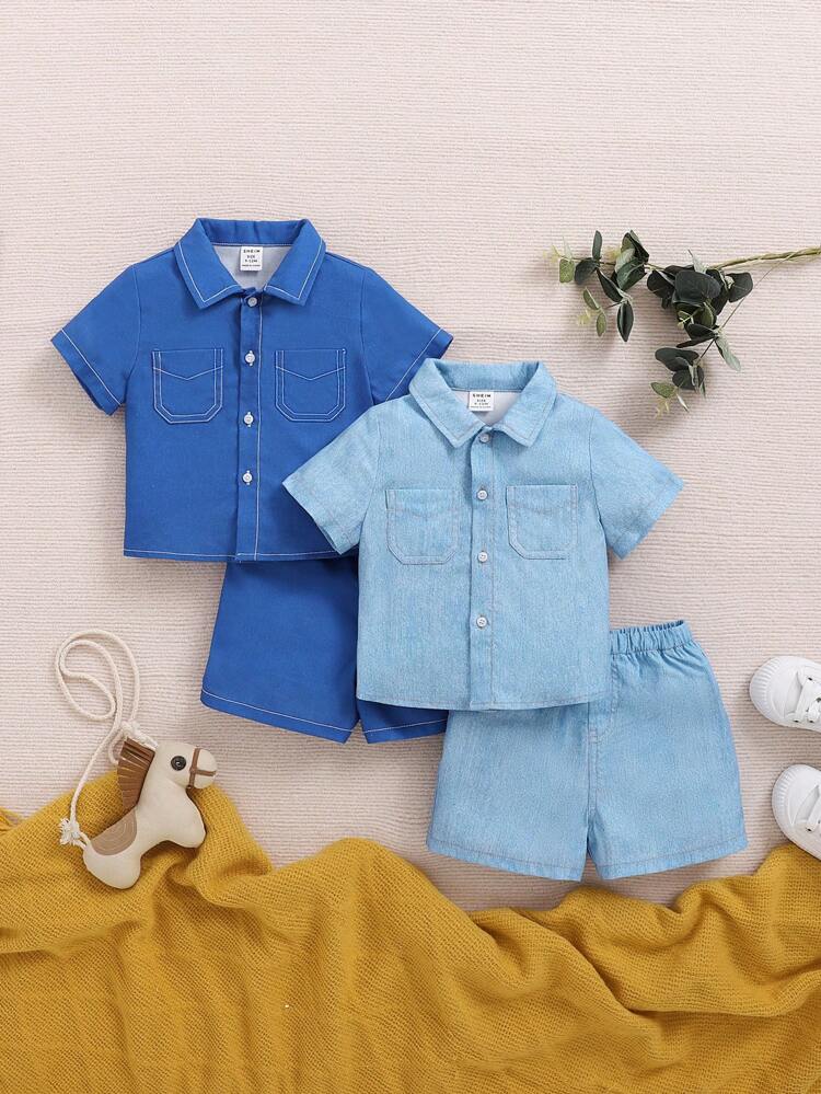 Baby Boy 4pcs/Set Casual Simple Style Denim Effect Short Sleeve Shirt And Shorts