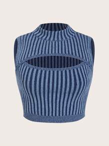 SHEIN EZwear Striped Knit Pullover With Stand Collar And Cut-Out Detail On Front - Blue - View 6