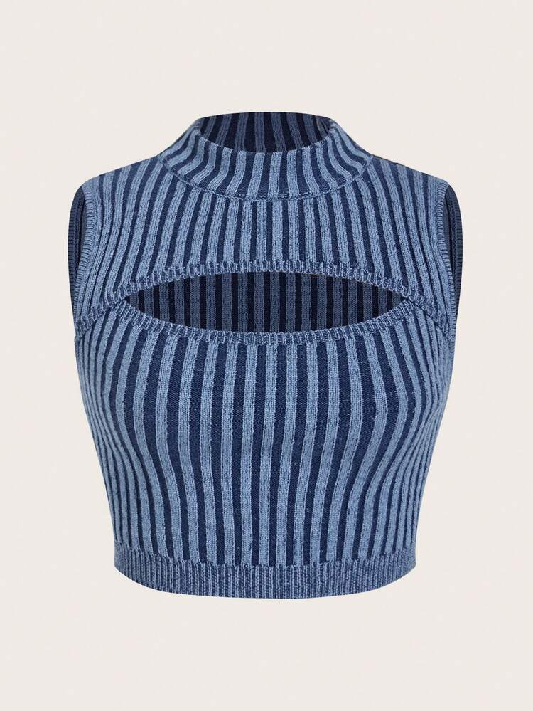 Striped Knit Pullover With Stand Collar And Cut-Out Detail On Front