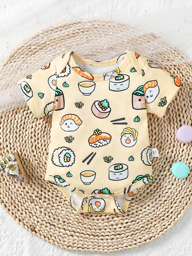 Baby Boy Full Print Short Sleeve Bodysuit With Food Pattern