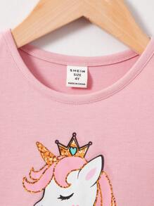 SHEIN Young Girl's Round Neck Short Sleeve T-Shirt With Animal Pattern & Mesh Fabric Hem