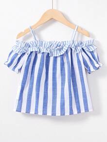 SHEIN Trẻ Cô gái Off-shoulder Sọc Ngắn tay Áo sơ mi Với Ruffled Cắt tỉa - Màu xanh lam - Xem 2