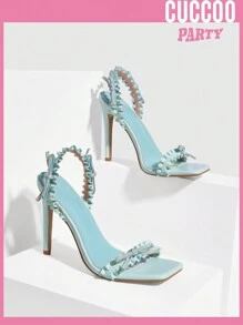 Woman Shoes Fashionable Square Toe Rhinestone Decor Bow Knot High Heel Sandals With Pleated Design Wedding Shoes For Spring And Summer - Baby Blue - View 5
