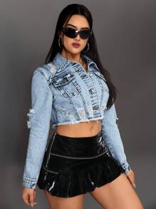SHEIN ICON Raw Hem Shortened Denim Jacket With Distressed Details - Light Wash - View 2