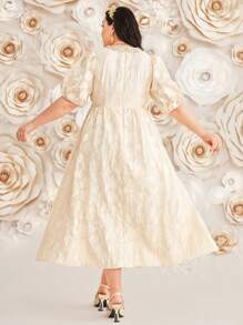 Modelyn Plus Size V-Neck Puff Sleeve Jacquard Dress Long Evening Dresses - Apricot - View 2