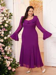 Modelyn Plus Size Women's Arab Garment With Patchwork & Ruffle Trim Flare Sleeves Long Evening Dresses - Red - View 3